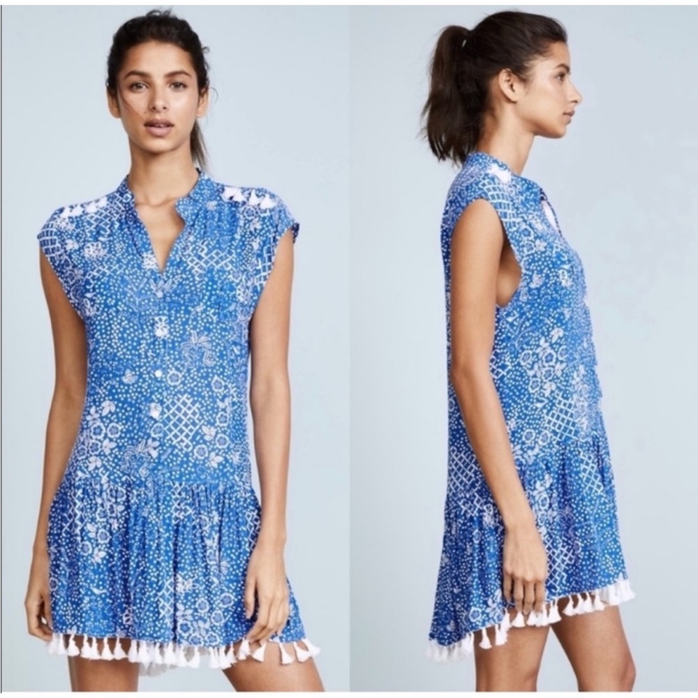 Poupette St Barth Elodie Tassle Mini Dress in Blue Garden - S